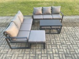 Fimous Aluminium Patio Outdoor Garden Furniture Lounge Sofa Set with Oblong Coffee Table 3 Footstools Dark Grey - thumbnail 2
