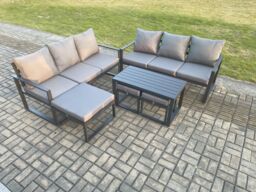 Fimous Aluminium Patio Outdoor Garden Furniture Lounge Sofa Set with Oblong Coffee Table 3 Footstools Dark Grey - thumbnail 1