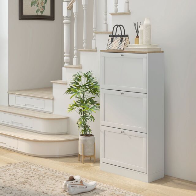 HOMCOM Narrow Shoe Cabinet w/ 3 Flip Drawers for 12-18 Pairs of Shoes White - image 1