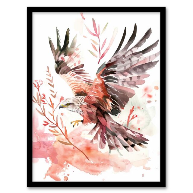 "Artery8 Red Kite in Flight Light Watercolour Painting Framed Art Print - Size: W12"" x H16""" - image 1