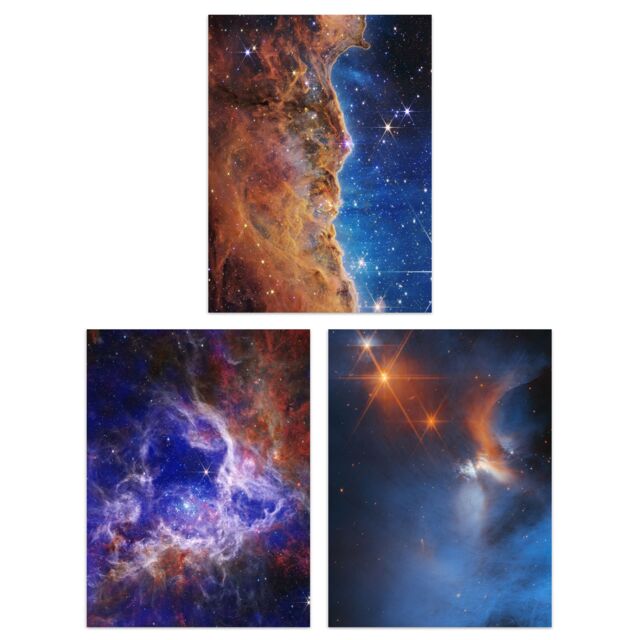 Artery8 Wall Art Print Pack of 3 NASA James Webb Images Cosmic Cliffs Carina Nebula Stellar Lifecycle 30 Doradus Stars Large Poster Set - image 1