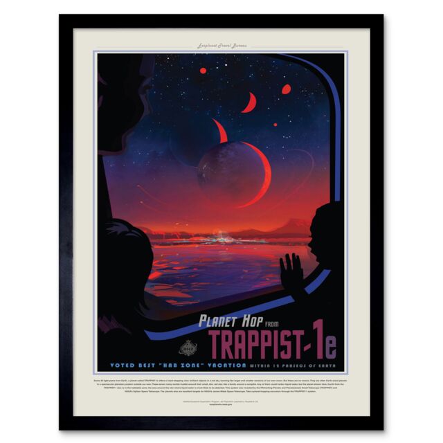 "Wee Blue Coo NASA Space Travel Advert Trappist 1E Planet Hop 12x16"" Framed Art - Size: W12"" x H16""" - image 1