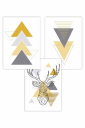 ARTZE Set of 3 Geometric Line Art Yellow Stag Head Triangles Art Posters - Size: W50 cm x H70 cm - thumbnail 1
