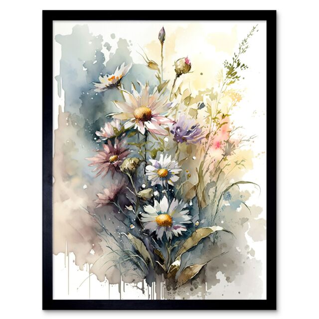 "Artery8 Wall Art Print Wild Flower Daisies in Bloom Modern Boho Watercolour Painting Art Framed in Black - Size: W12"" x H16""" - image 1