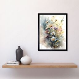 "Artery8 Wall Art Print Wild Flower Daisies in Bloom Modern Boho Watercolour Painting Art Framed in Black - Size: W12"" x H16""" - thumbnail 2