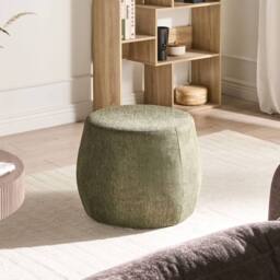 Wyld and Coco Dark Green Woven Fabric Pouffe Ottoman Drum Shape - thumbnail 1