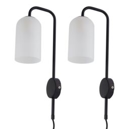 First Choice Lighting Set of 2 Victoria - Black Plug in Wall Lights Frosted Glass Shades - thumbnail 1