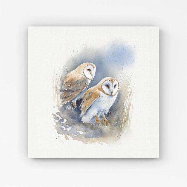"Warren Reed - Designer Barn Ano Owls Watercolour Canvas in Brown - Size: W16"" x H16""" - image 1