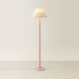 ValueLights Bobbins Rose Pink Floor Lamp with Tapered Linen Scallop Shade & LED Bulb in Pale Pink - thumbnail 3