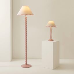 ValueLights Bobbins Rose Pink Floor Lamp with Tapered Linen Scallop Shade & LED Bulb in Pale Pink - thumbnail 6