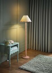ValueLights Bobbins Rose Pink Floor Lamp with Tapered Linen Scallop Shade & LED Bulb in Pale Pink