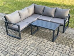Fimous Aluminium Outdoor Garden Furniture Set Lounge Sofa Coffee Table Sets Indoor Conservatory Set Dark Grey - thumbnail 2