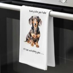 Animal Crackers Dog Tea Towel With 'Watching You' Funny Wording - Dachshund in White - thumbnail 2