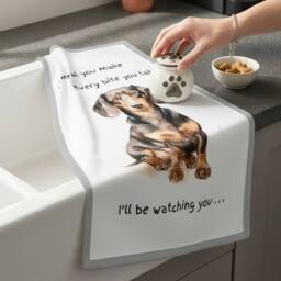 Animal Crackers Dog Tea Towel With 'Watching You' Funny Wording - Dachshund in White - thumbnail 3