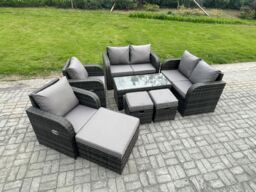 Fimous 9 Seater Rattan Garden Furniture Set Outdoor Patio Sofa, Table & Chairs Garden Table Footstools Ideal for Pool Side, Balcony, Patio Set - thumbnail 2