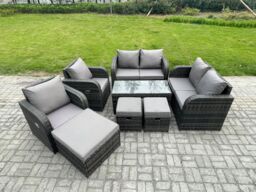 Fimous 9 Seater Rattan Garden Furniture Set Outdoor Patio Sofa, Table & Chairs Garden Table Footstools Ideal for Pool Side, Balcony, Patio Set - thumbnail 1