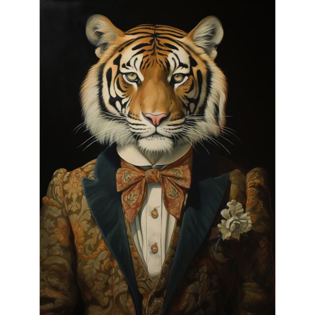 Artery8 Wall Art Print Victorian Tiger in William Morris Style Pattern Dinner Jacket Conceptual Portrait Artwork Elegant Floral Pattern Bow Tie & - image 1