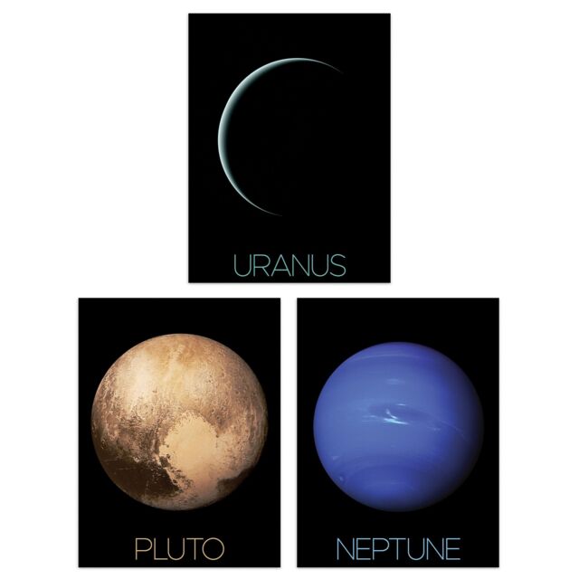 Artery8 Wall Art Print Pack of 3 NASA Our Solar System Planets Uranus Neptune Dwarf Pluto Voyager 2 & New Horizons Images Large Poster Set - image 1