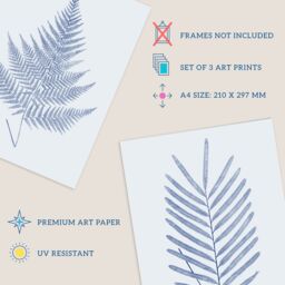 Artery8 Wall Art Print Pack of 3 A4 Elegant Calming Fern Leaf Frond Blue on Grey Detailed Foliage Im Botanical Living Room s Set - thumbnail 4