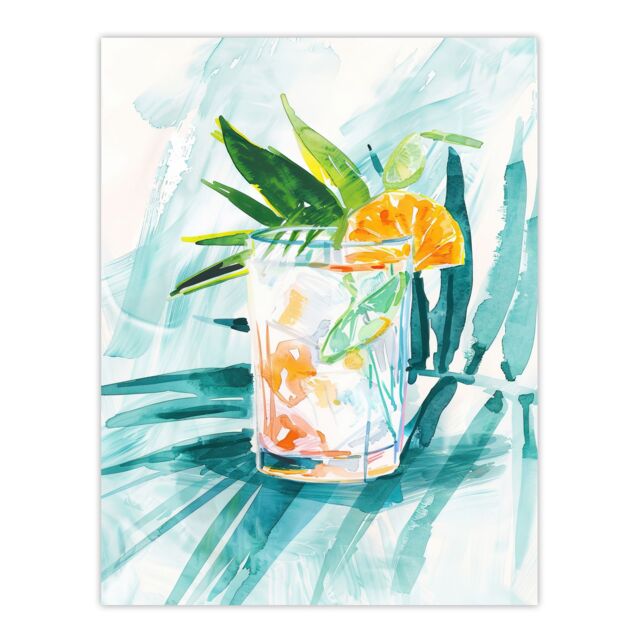 "Artery8 Cuba Libre Cocktail Monstera Leaf Watercolour Wall Art Print in Blue - Size: W24"" x H32""" - image 1