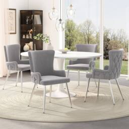 HomeTouch Set of 2 Modern Grey Velvet Dining Chairs with Wing Back & Silver Legs - Size: 2 Pack - thumbnail 8