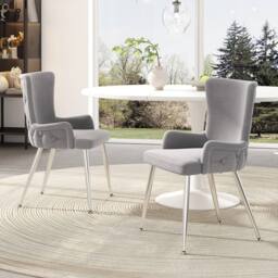 HomeTouch Set of 2 Modern Grey Velvet Dining Chairs with Wing Back & Silver Legs - Size: 2 Pack - thumbnail 2