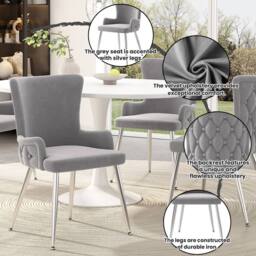 HomeTouch Set of 2 Modern Grey Velvet Dining Chairs with Wing Back & Silver Legs - Size: 2 Pack - thumbnail 4