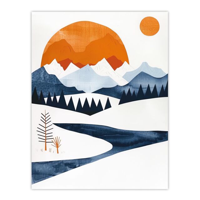 "Artery8 Abstract Geometric Orange Blue Winter Landscape Wall Art Print - Size: W12"" x H16""" - image 1