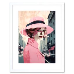 "Artery8 Wall Art Print Woman in Downtown Street Retro Fashion Pink Artwork Framed 9X7 Inch in White - Size: W7"" x H9""" - thumbnail 1