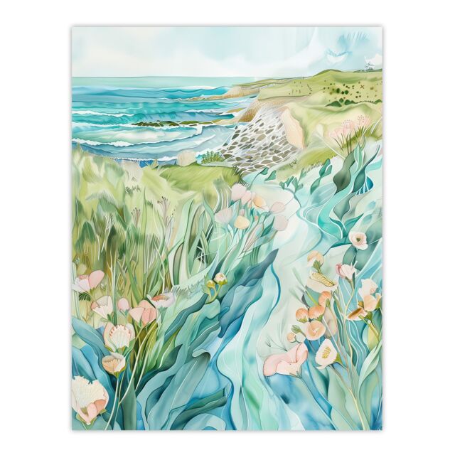 "Artery8 East Riding English Coastal Scene Watercolour Wall Art Print in Blue - Size: W24"" x H32""" - image 1