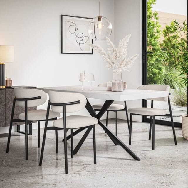 More4Homes Donni Rectangle White Marble Top Dining Table & 4 Myla Linen Chairs in Beige - image 1