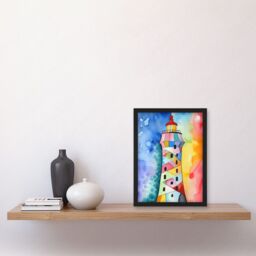 Artery8 Lighthouse Concept With Rainbow Colour Sky Folk Art Watercolour Painting Artwork Framed Wall Art Print A4 in Black - thumbnail 2