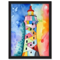 Artery8 Lighthouse Concept With Rainbow Colour Sky Folk Art Watercolour Painting Artwork Framed Wall Art Print A4 in Black - thumbnail 1