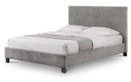 Grey Button Premium Velvet High Headboard Bed - Double
