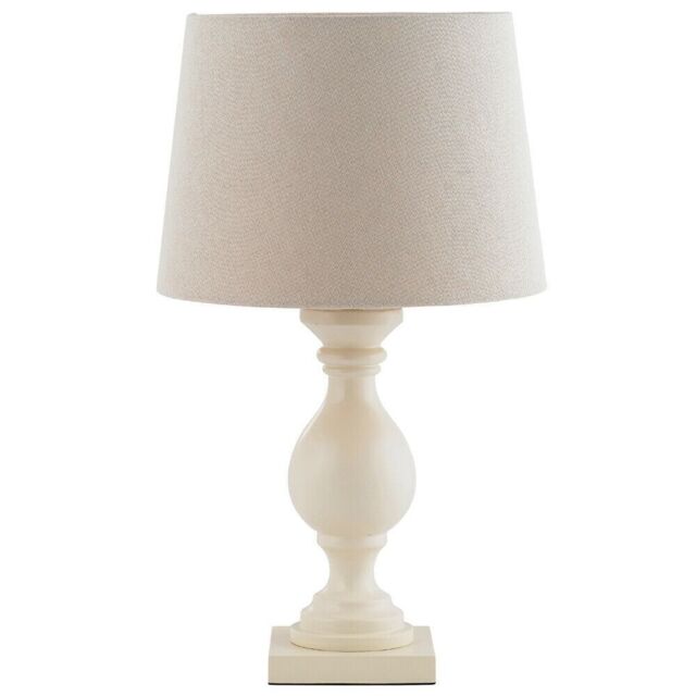 Loops Classic Wooden Table Lamp Ivory & Off-White Linen Shade Pretty Bedside Light in White - image 1