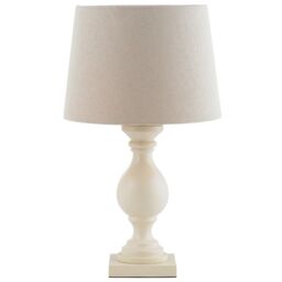 Loops Classic Wooden Table Lamp Ivory & Off-White Linen Shade Pretty Bedside Light in White