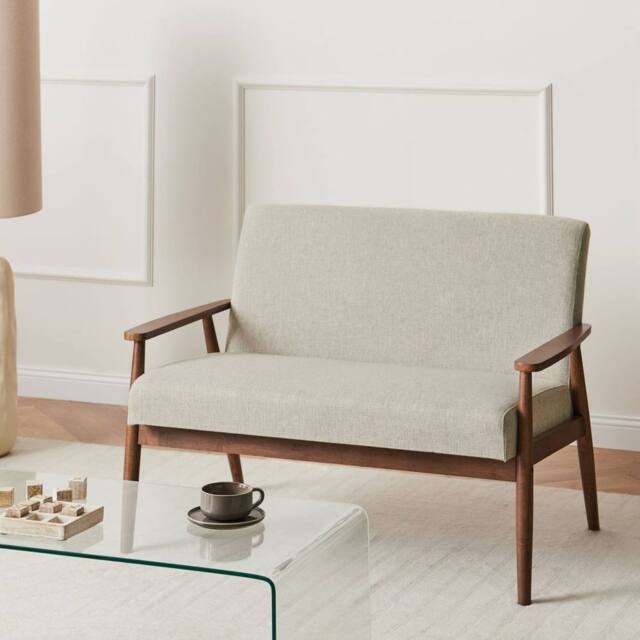 Wyld and Coco 2-Seater Sofa Grey Brown Polyester Mid-Century Wood Frame - image 1