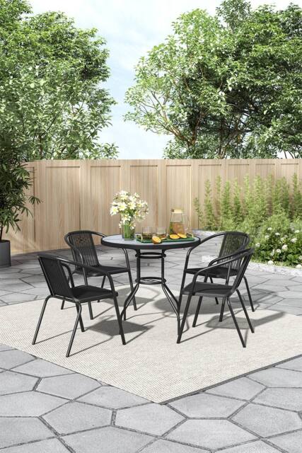 Living and Home Garden Tempered Glass Round Table with 4 PE Rattan Chairs in Grey