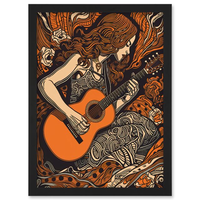 Artery8 Woman Playing Guitar Music in Rose Flower Field Artwork Framed Wall Art Print A4 in Black - image 1
