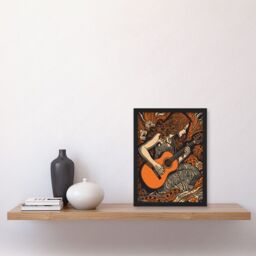 Artery8 Woman Playing Guitar Music in Rose Flower Field Artwork Framed Wall Art Print A4 in Black - thumbnail 2