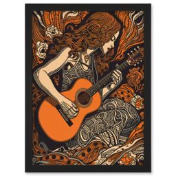 Artery8 Woman Playing Guitar Music in Rose Flower Field Artwork Framed Wall Art Print A4 in Black - thumbnail 1