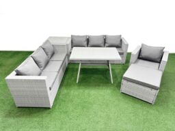 Fimous 8-seater Patio 3 Seater Sofa Armchair Set with Side Table Big Stool in Light Grey - thumbnail 1