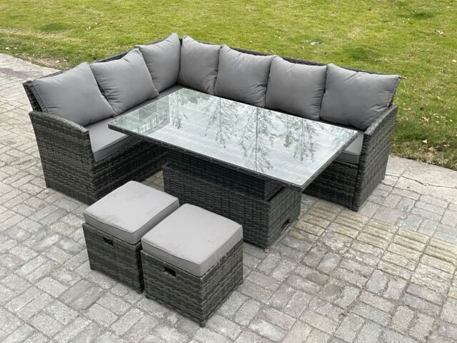 Fimous Wicker PE Outdoor Rattan Garden Furniture Set Height Adjustable Rising Lifting Table Sofa Dining Set with 2 Small Footstools in Dark Grey - image 1