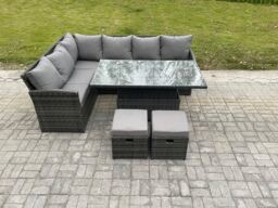 Fimous Wicker PE Outdoor Rattan Garden Furniture Set Height Adjustable Rising Lifting Table Sofa Dining Set with 2 Small Footstools in Dark Grey - thumbnail 2