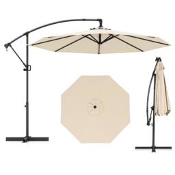 Costway 300 cm Offset Hanging Umbrella Patio Cantilever Umbrella w/Base in Beige - thumbnail 1