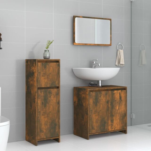 Berkfield Home 3 Piece Bathroom Furniture Set Smoked Oak Engineered Wood in Brown - image 1