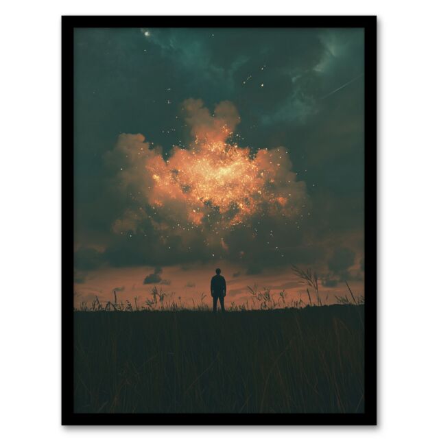 Artery8 Believe in Magic Dreamy Firefly Cloud Magical Sky Framed Art Print in Dark Blue - Size: A4 - image 1