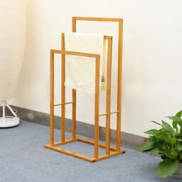 MANTRARAJ 3 Tier Free Standing Bamboo Towel Holder Clothes Drying Storage Rail in Brown - thumbnail 2