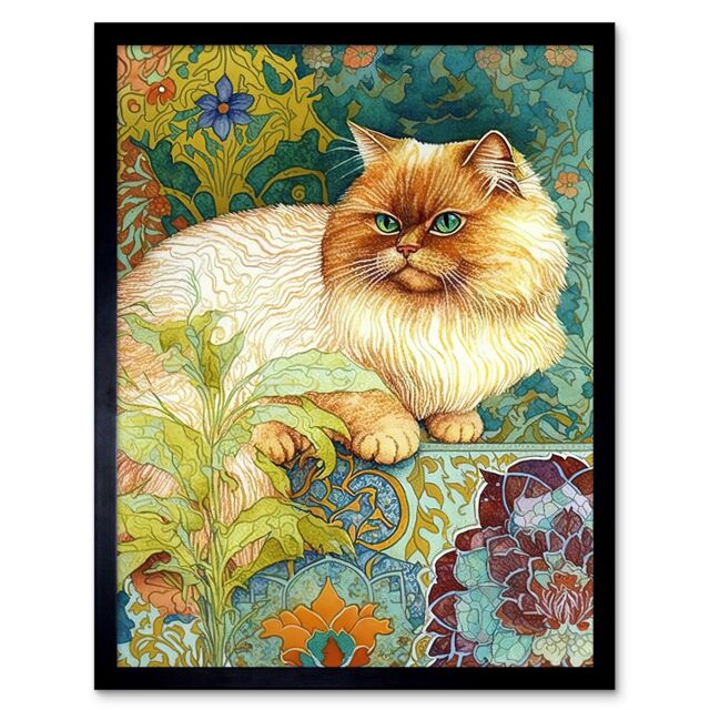 "Artery8 Wall Art Print Orange Persian Cat William Morris Inspired Floral Pattern Colourful Modern Art Framed in Black - Size: W12"" x H16""" - image 1