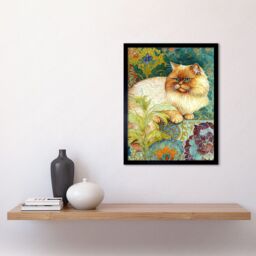 "Artery8 Wall Art Print Orange Persian Cat William Morris Inspired Floral Pattern Colourful Modern Art Framed in Black - Size: W12"" x H16""" - thumbnail 2
